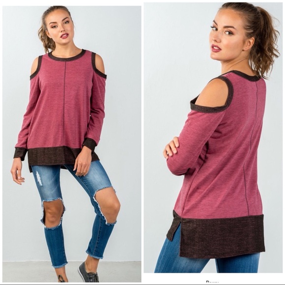 Tops - Maroon cold shoulder long sleeve top